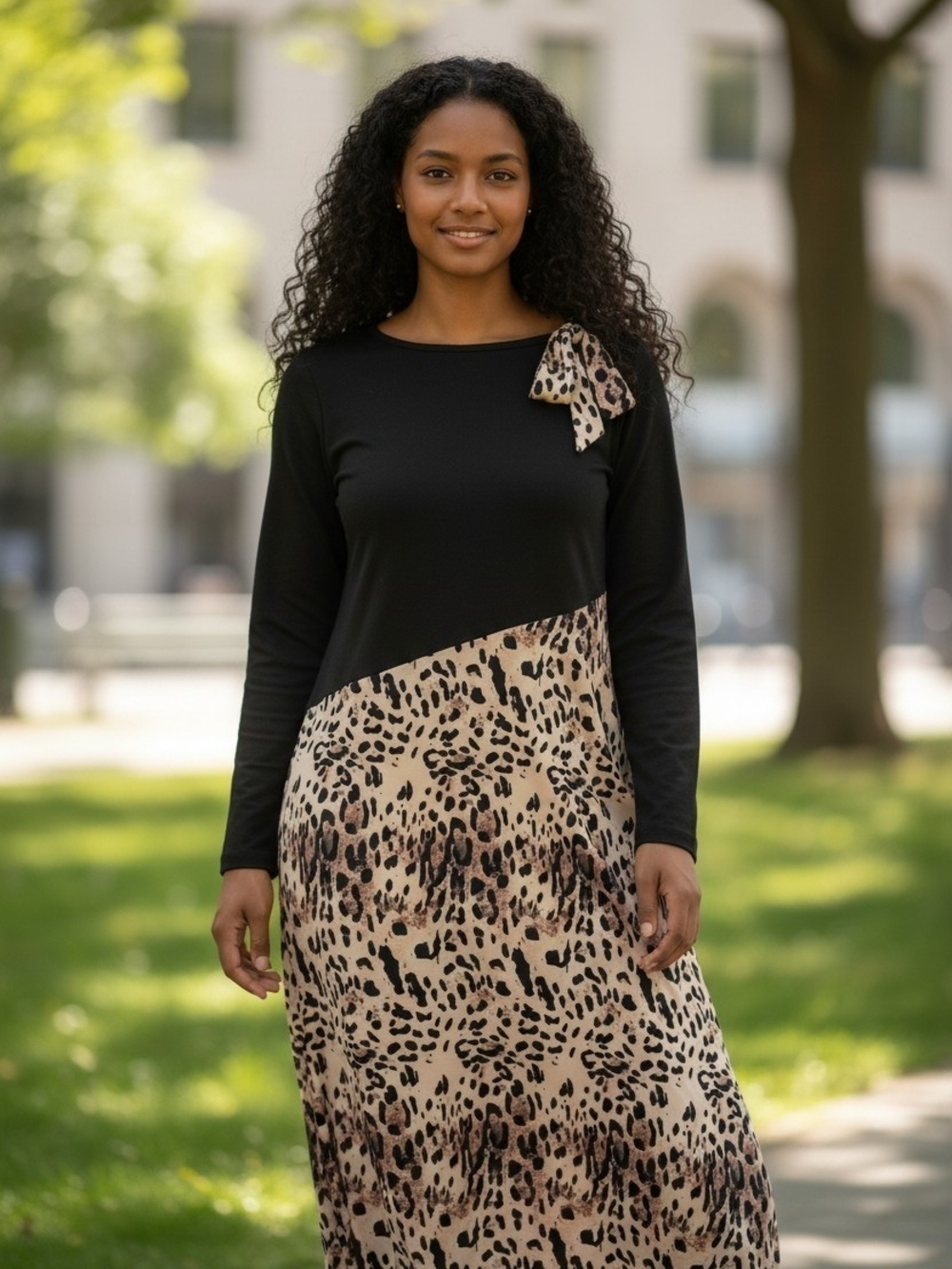 Black & Beige Leopard Print Long Sleeve Dress